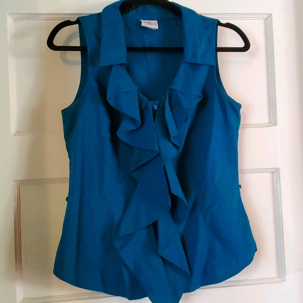 Peacock Blue Ruffle Button Down